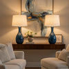 Table Lamp Set of 2 | Off-White Drum Shade | Painted Blue Glass 29"