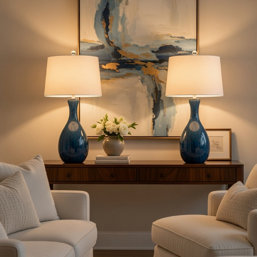 Table Lamp Set of 2 | Off-White Drum Shade | Painted Blue Glass 29"