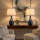 Table Lamp Set of 2 | Off-White Drum Shade | Painted Blue Glass 29"