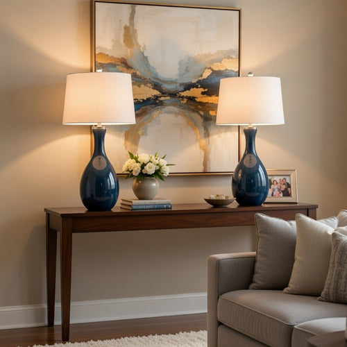 Table Lamp Set of 2 | Off-White Drum Shade | Painted Blue Glass 29"