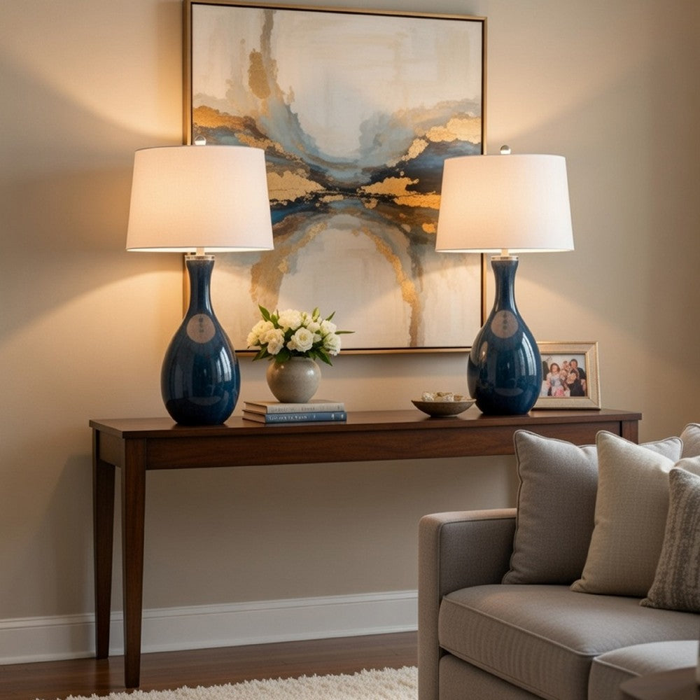 Table Lamp Set of 2 | Off-White Drum Shade | Painted Blue Glass 29"