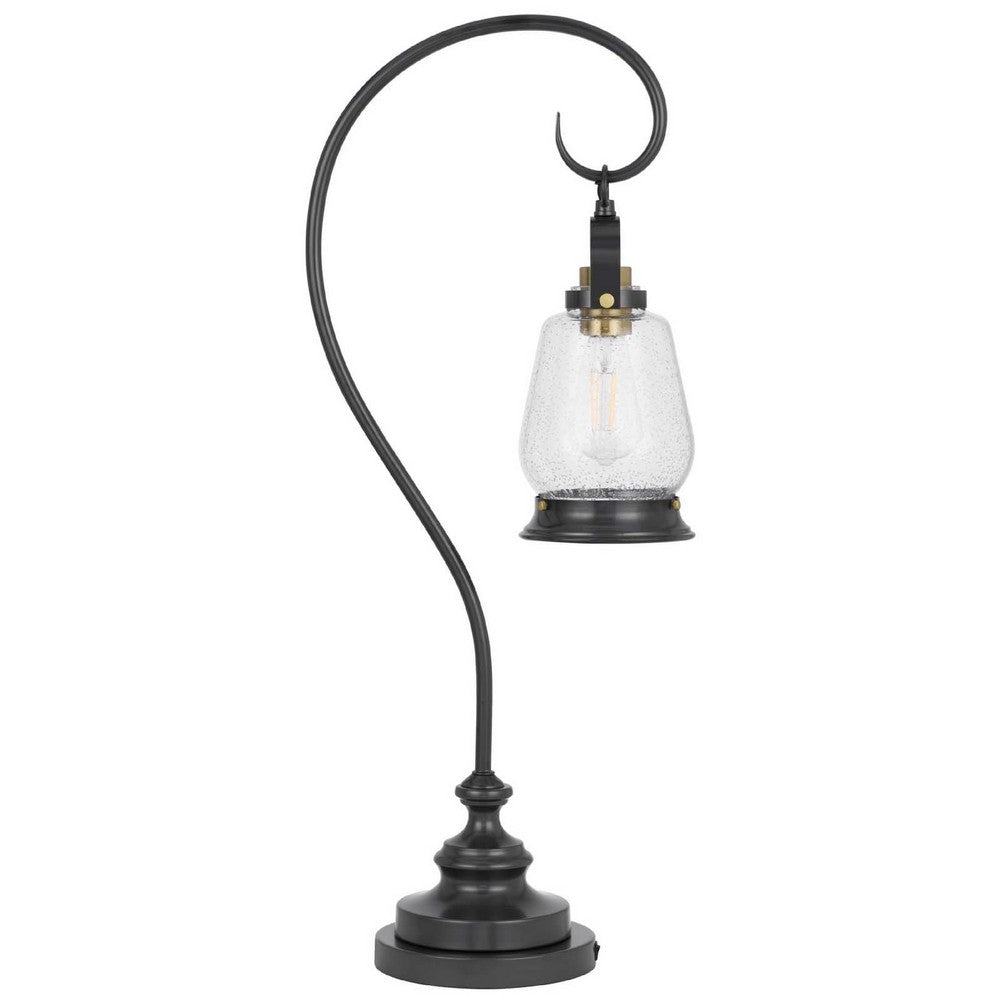 Table Lamp | Vintage Lantern Style | Bubble Glass Shade | Black Metal 32"