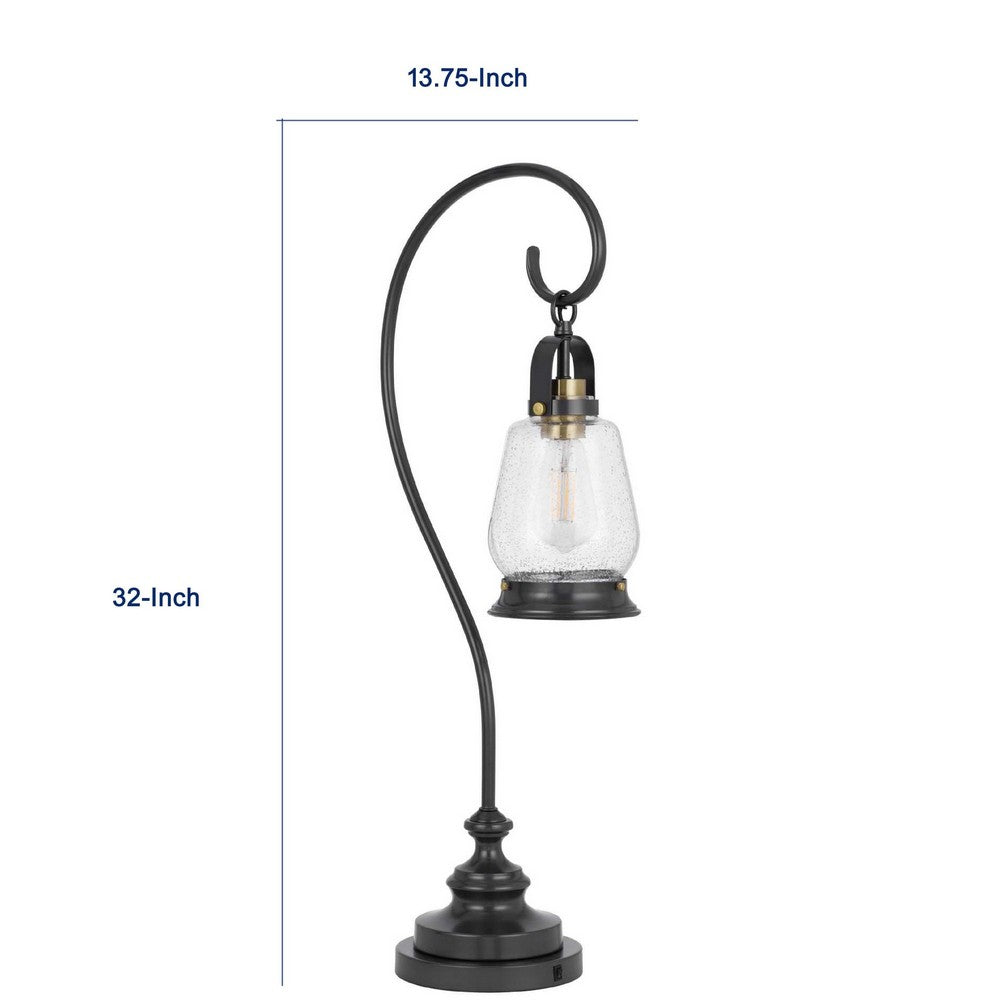 Table Lamp | Vintage Lantern Style | Bubble Glass Shade | Black Metal 32"