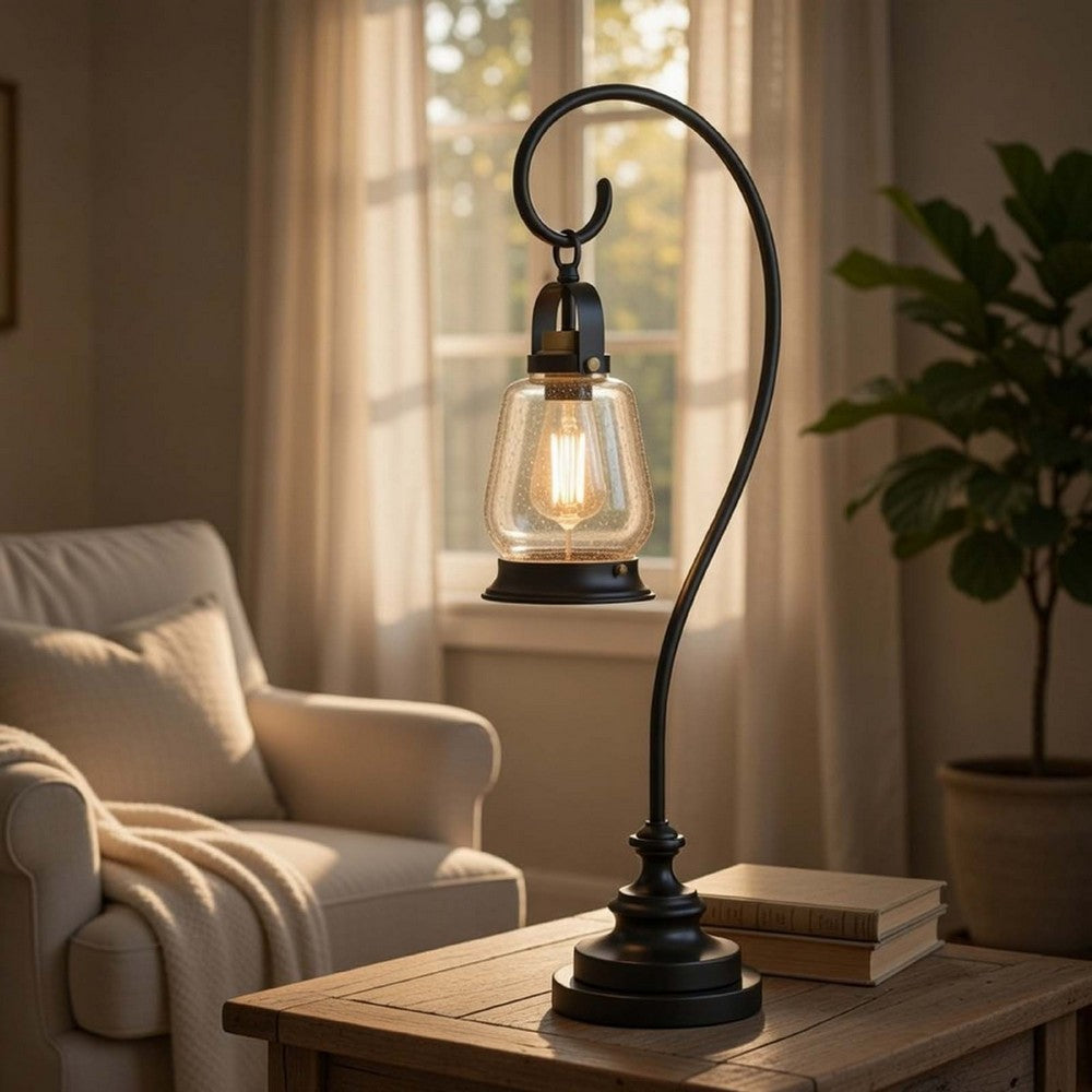 Table Lamp | Vintage Lantern Style | Bubble Glass Shade | Black Metal 32"