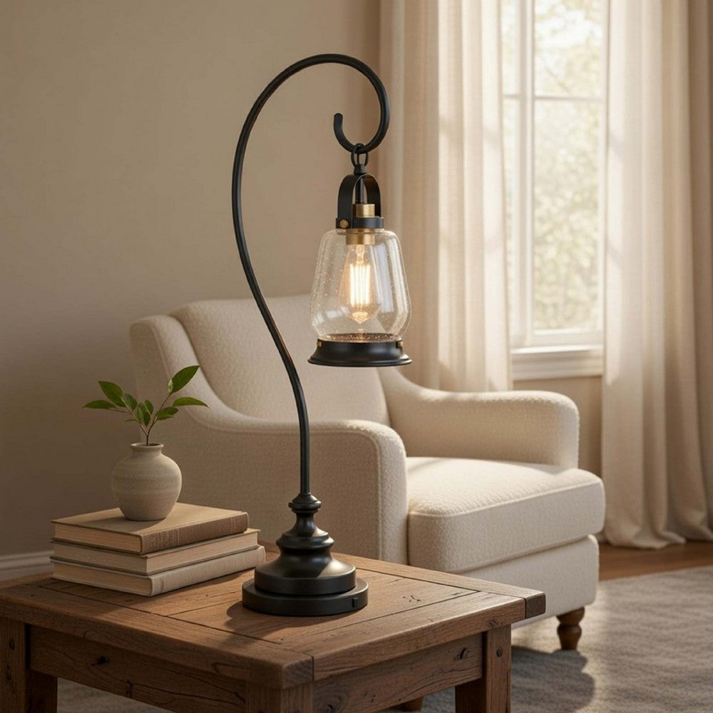Table Lamp | Vintage Lantern Style | Bubble Glass Shade | Black Metal 32"
