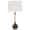 Table Lamp | White Drum Shade | Slim Brass Neck | Swirled Black Marble 29"
