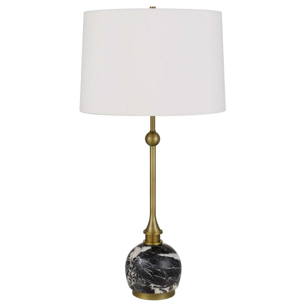 Table Lamp | White Drum Shade | Slim Brass Neck | Swirled Black Marble 29"