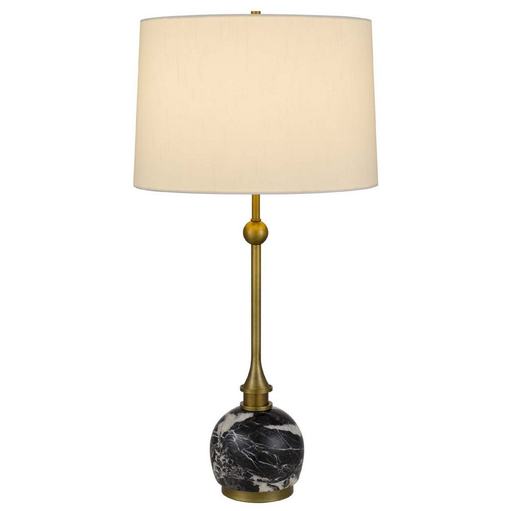 Table Lamp | White Drum Shade | Slim Brass Neck | Swirled Black Marble 29"