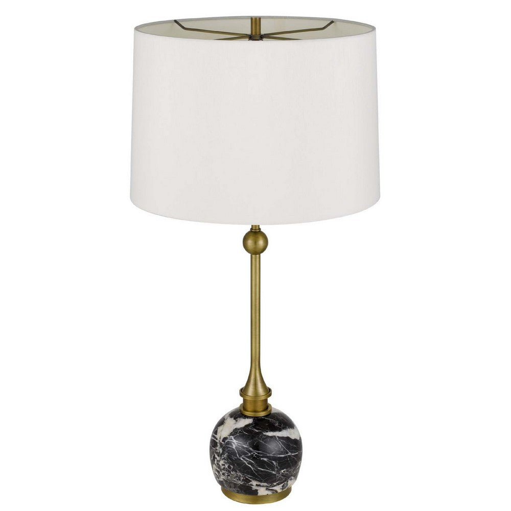 Table Lamp | White Drum Shade | Slim Brass Neck | Swirled Black Marble 29"