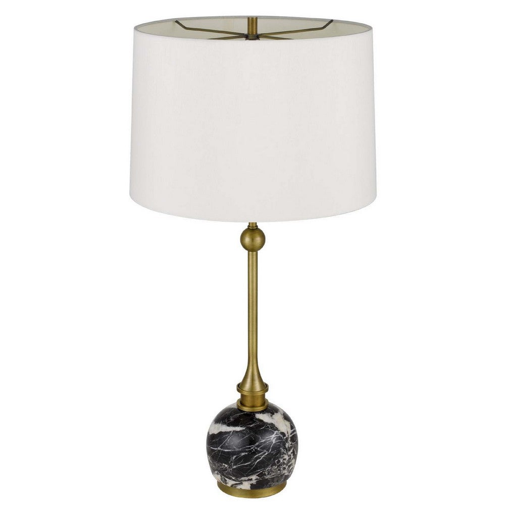 Table Lamp | White Drum Shade | Slim Brass Neck | Swirled Black Marble 29"