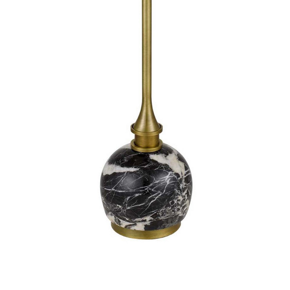Table Lamp | White Drum Shade | Slim Brass Neck | Swirled Black Marble 29"