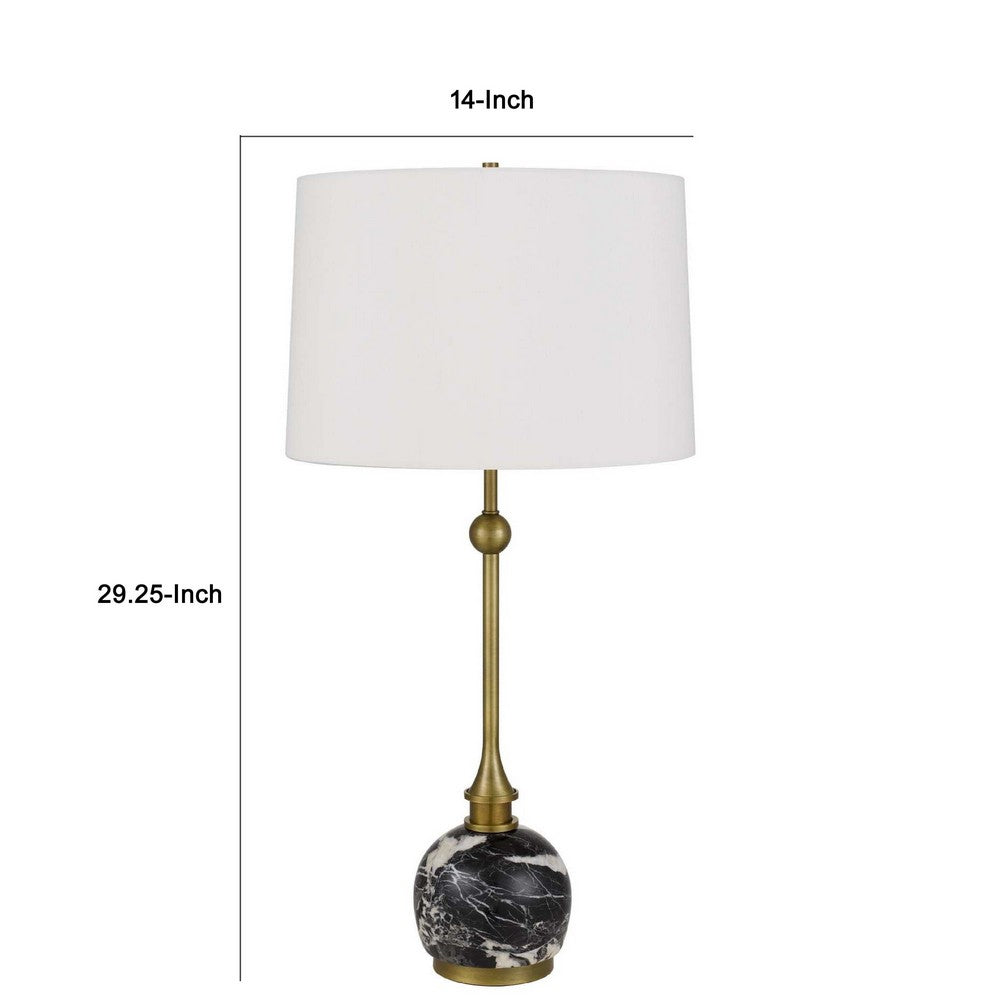 Table Lamp | White Drum Shade | Slim Brass Neck | Swirled Black Marble 29"