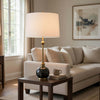 Table Lamp | White Drum Shade | Slim Brass Neck | Swirled Black Marble 29"