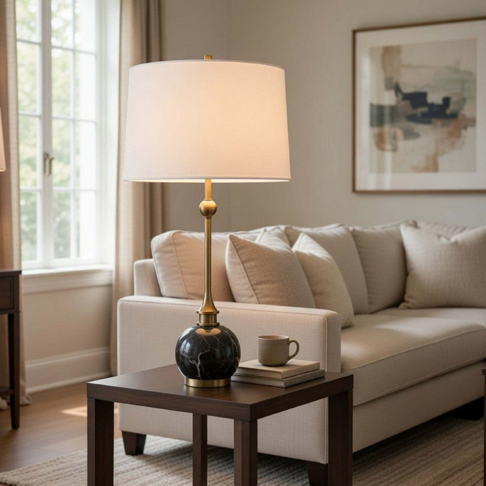 Table Lamp | White Drum Shade | Slim Brass Neck | Swirled Black Marble 29"