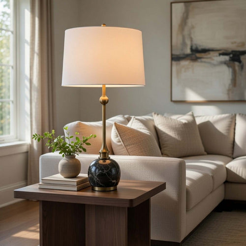 Table Lamp | White Drum Shade | Slim Brass Neck | Swirled Black Marble 29"