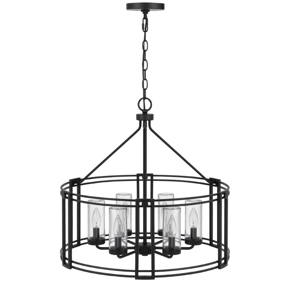 6 Light Chandelier | Caged Round Oval | Glass Shades | Black Metal 24"