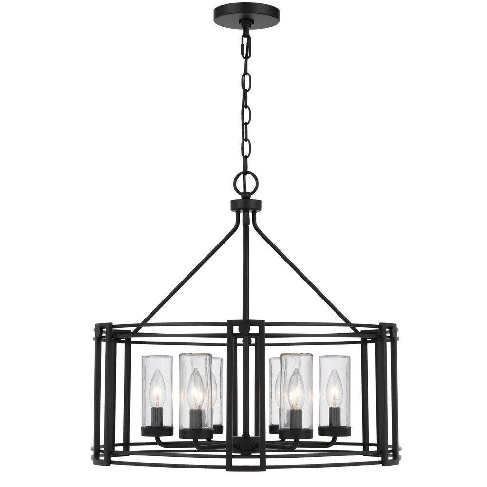 6 Light Chandelier | Caged Round Oval | Glass Shades | Black Metal 24"