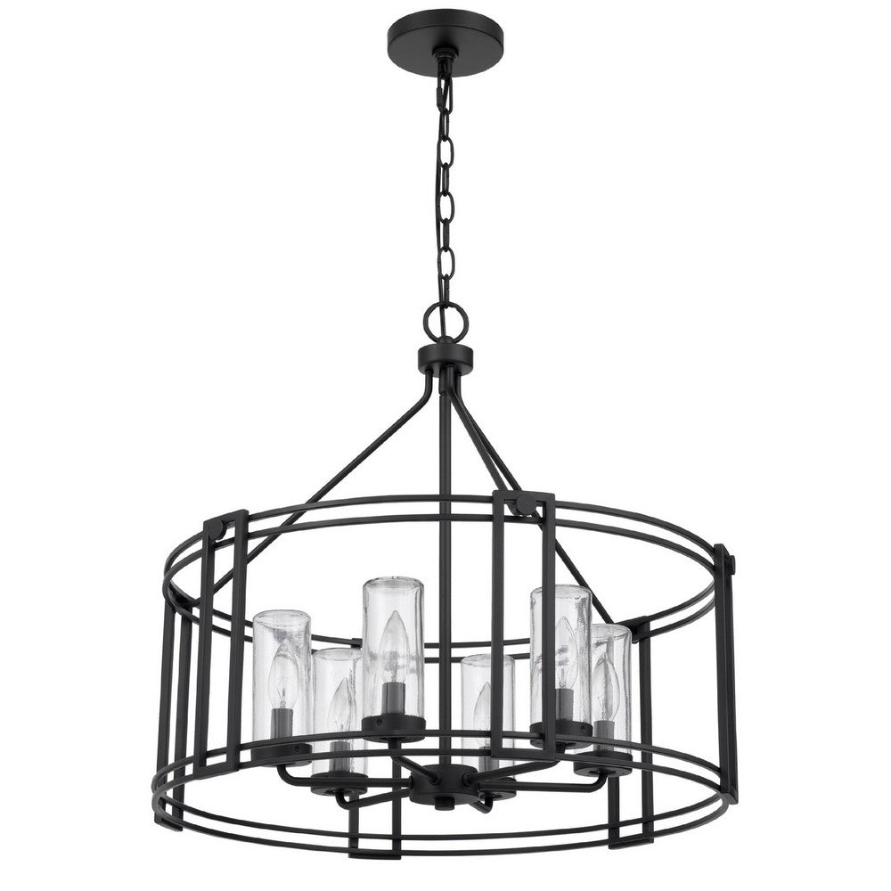 6 Light Chandelier | Caged Round Oval | Glass Shades | Black Metal 24"