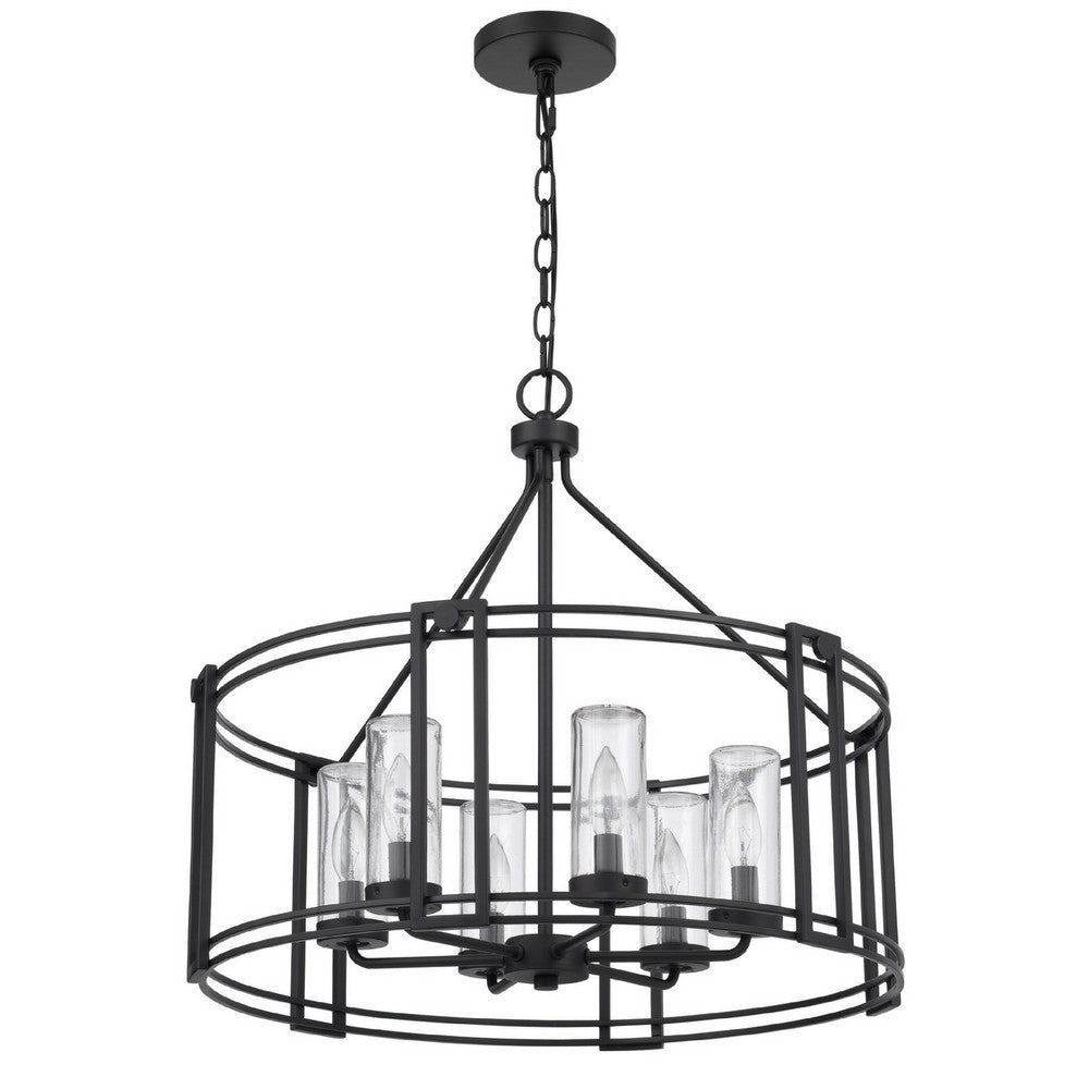 6 Light Chandelier | Caged Round Oval | Glass Shades | Black Metal 24"