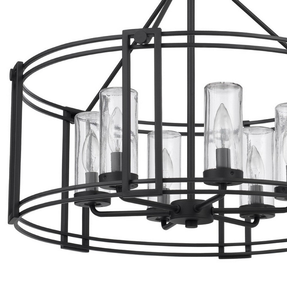6 Light Chandelier | Caged Round Oval | Glass Shades | Black Metal 24"