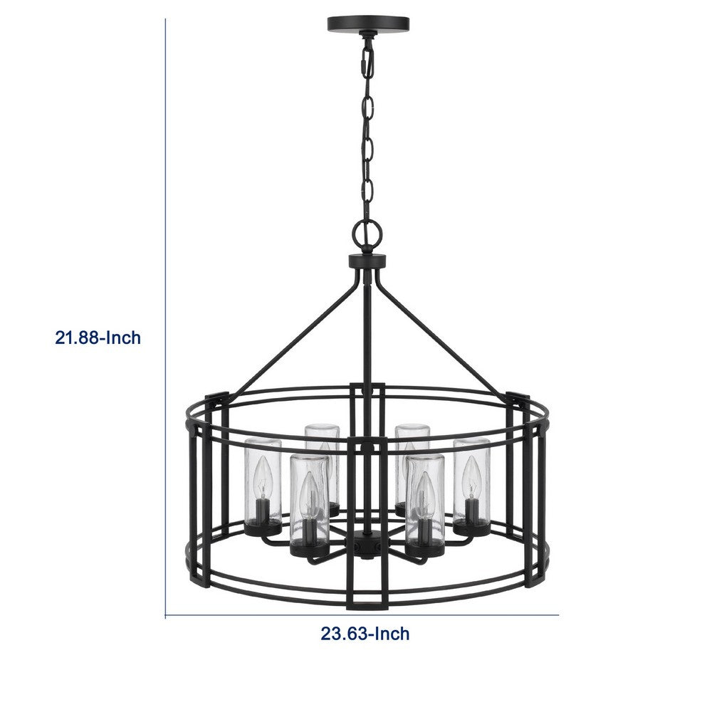 6 Light Chandelier | Caged Round Oval | Glass Shades | Black Metal 24"