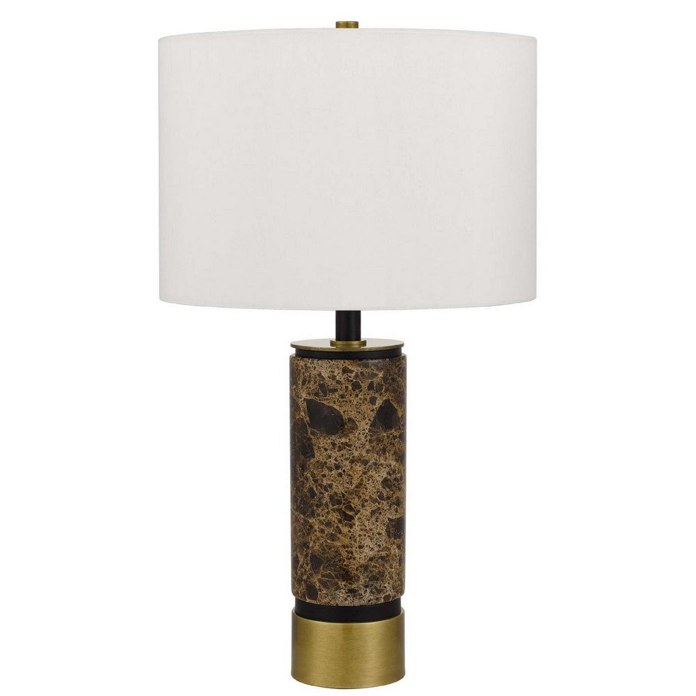 Table Lamp | White Drum Shade | Brass Base | Swirled Black Marble 22"
