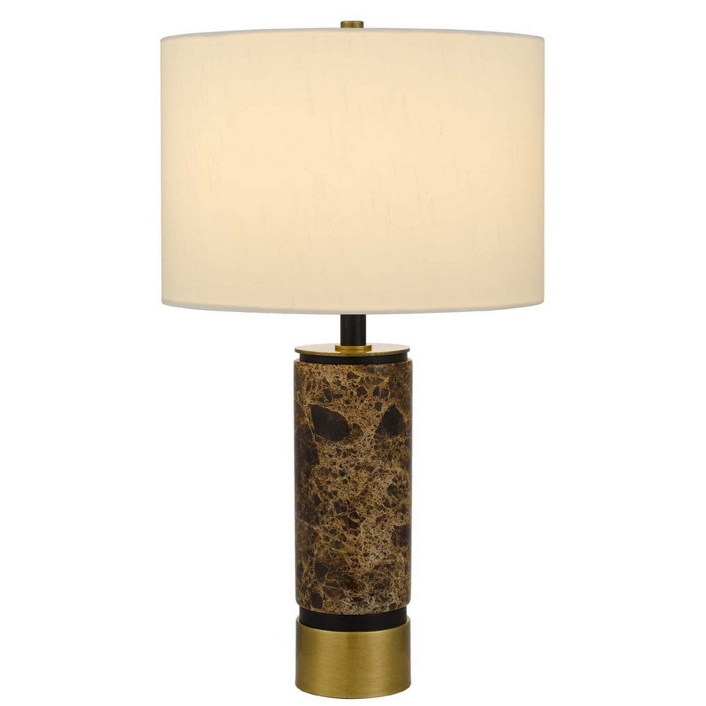 Table Lamp | White Drum Shade | Brass Base | Swirled Black Marble 22"