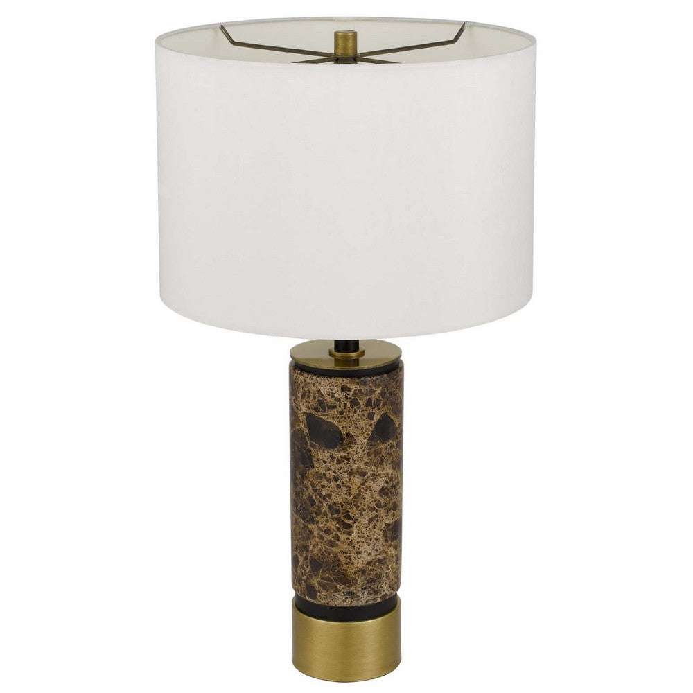 Table Lamp | White Drum Shade | Brass Base | Swirled Black Marble 22"