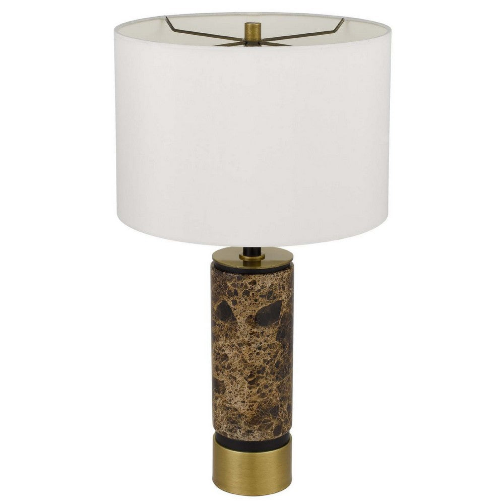 Table Lamp | White Drum Shade | Brass Base | Swirled Black Marble 22"