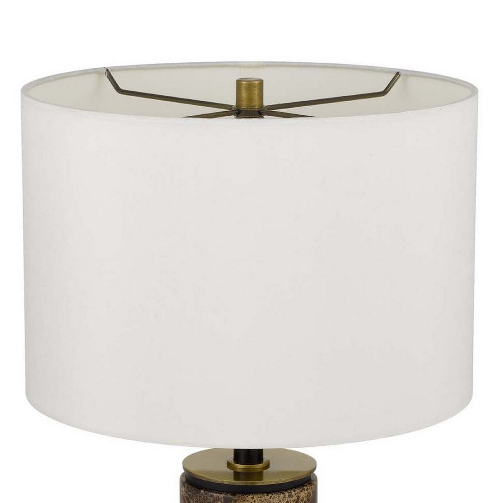 Table Lamp | White Drum Shade | Brass Base | Swirled Black Marble 22"