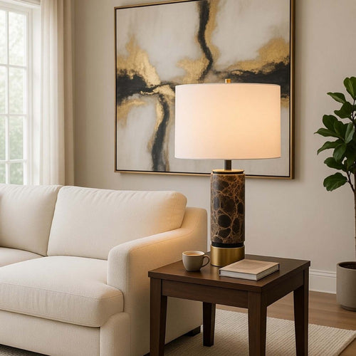 Table Lamp | White Drum Shade | Brass Base | Swirled Black Marble 22"