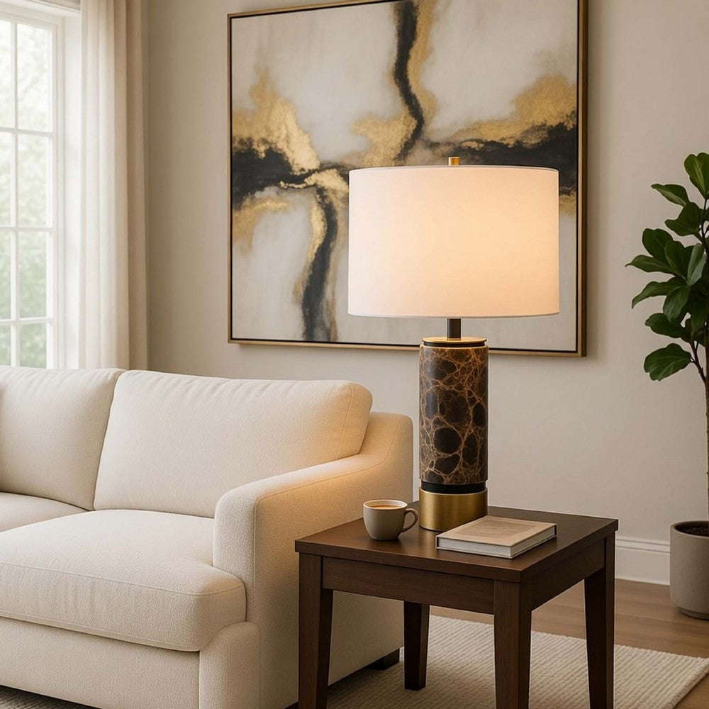Table Lamp | White Drum Shade | Brass Base | Swirled Black Marble 22"
