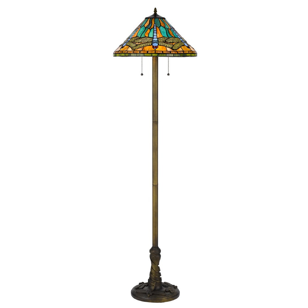 Eli Tiffany Shade Floor Lamp with Hand Painted Dragonfly | Brass 63"