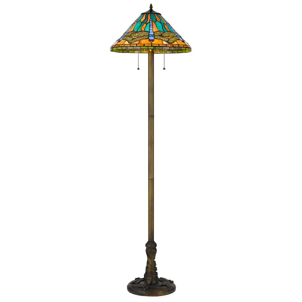 Eli Tiffany Shade Floor Lamp with Hand Painted Dragonfly | Brass 63"