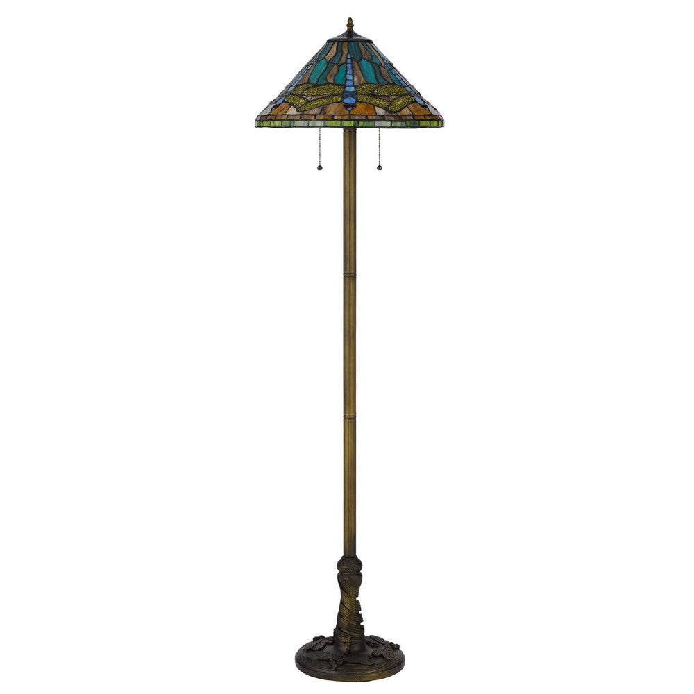 Eli Tiffany Shade Floor Lamp with Hand Painted Dragonfly | Brass 63"