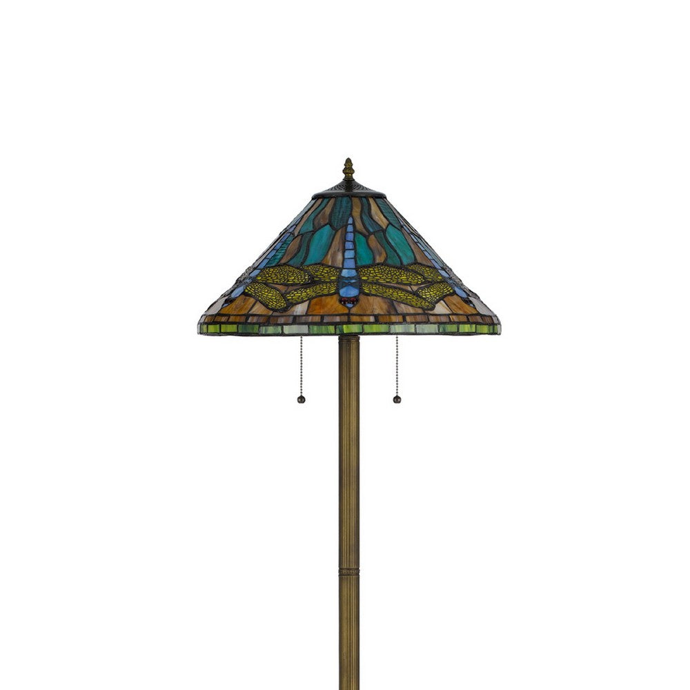 Eli Tiffany Shade Floor Lamp with Hand Painted Dragonfly | Brass 63"