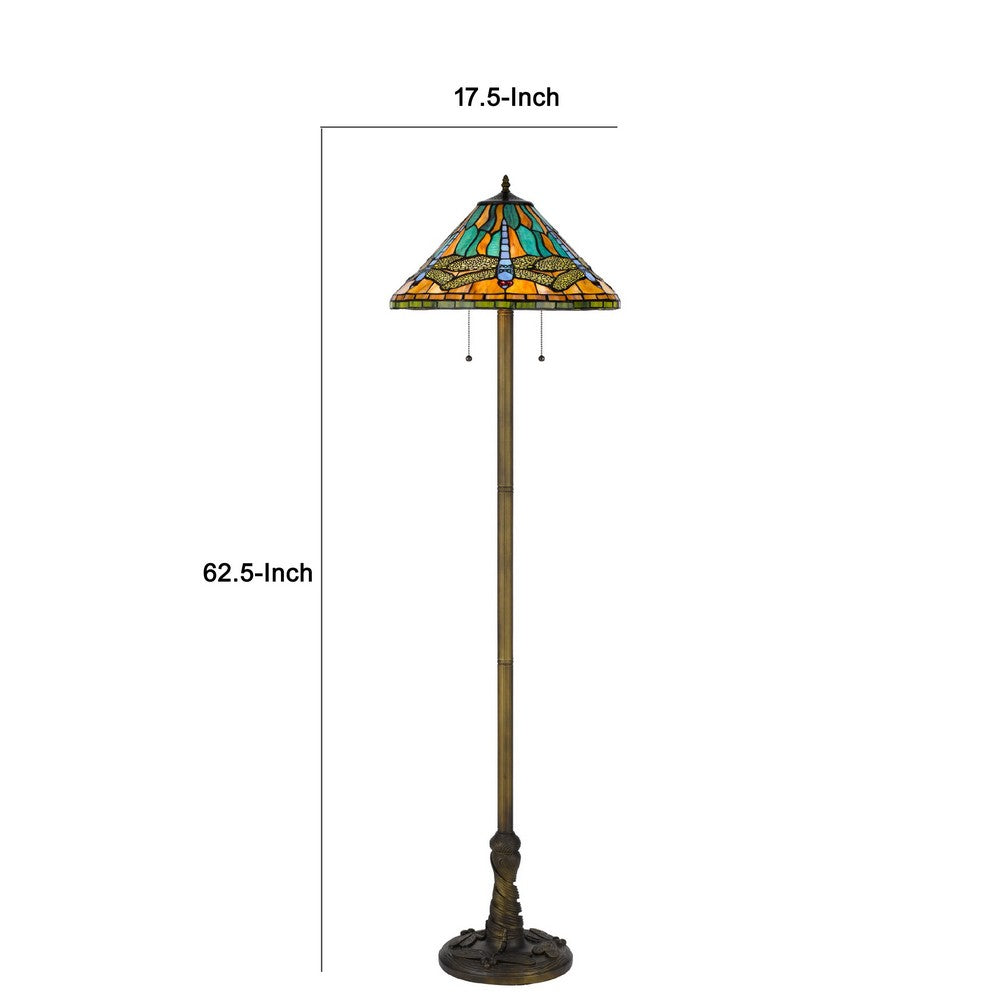 Eli Tiffany Shade Floor Lamp with Hand Painted Dragonfly | Brass 63"