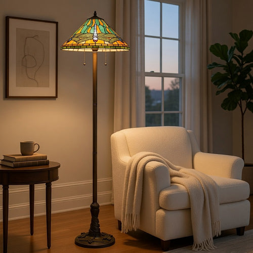 Eli Tiffany Shade Floor Lamp with Hand Painted Dragonfly | Brass 63"