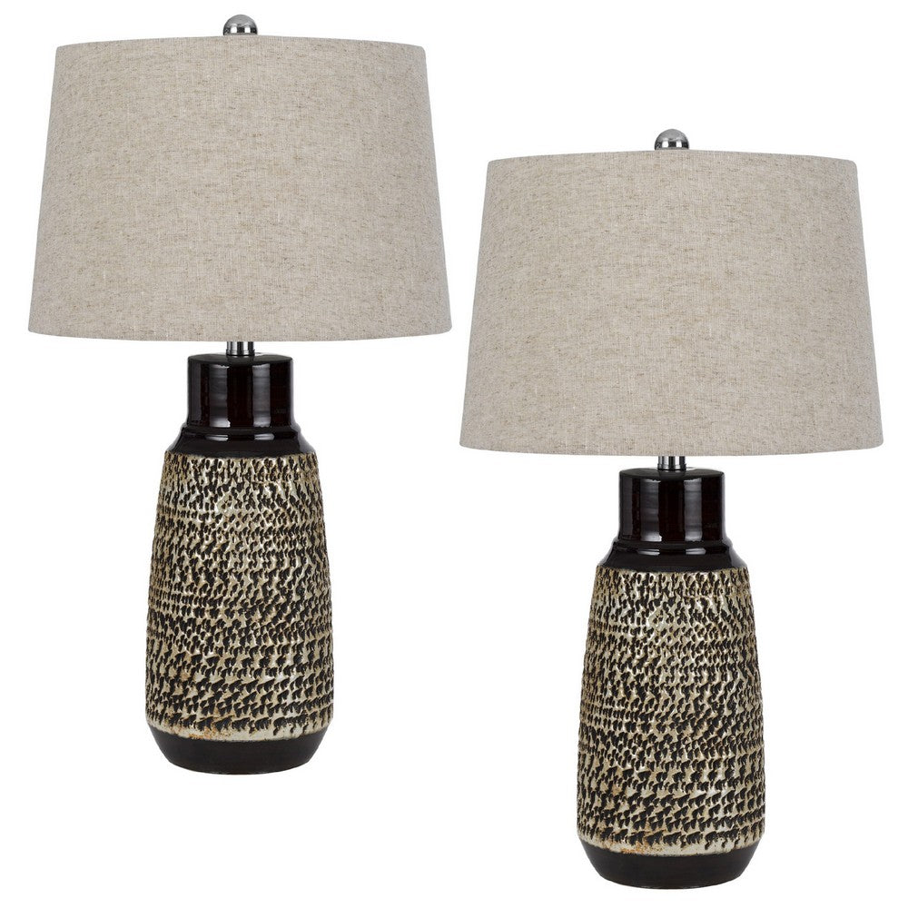 Bora Table Lamp Set of 2 | Antique Silver Burlap Shade | Black Ceramic
