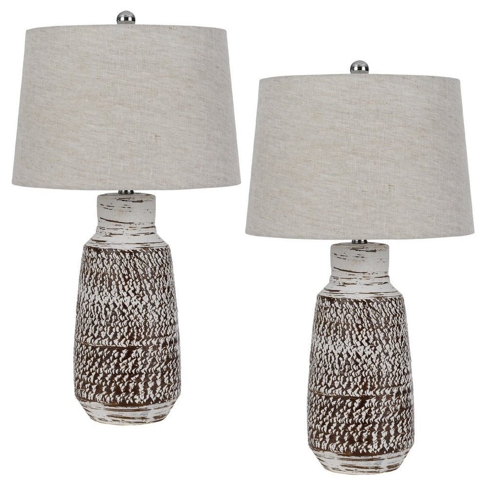 Bora Table Lamp Set of 2 | Burlap Shade | Brown Ceramic | Distressed White