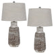 Bora Table Lamp Set of 2 | Burlap Shade | Brown Ceramic | Distressed White