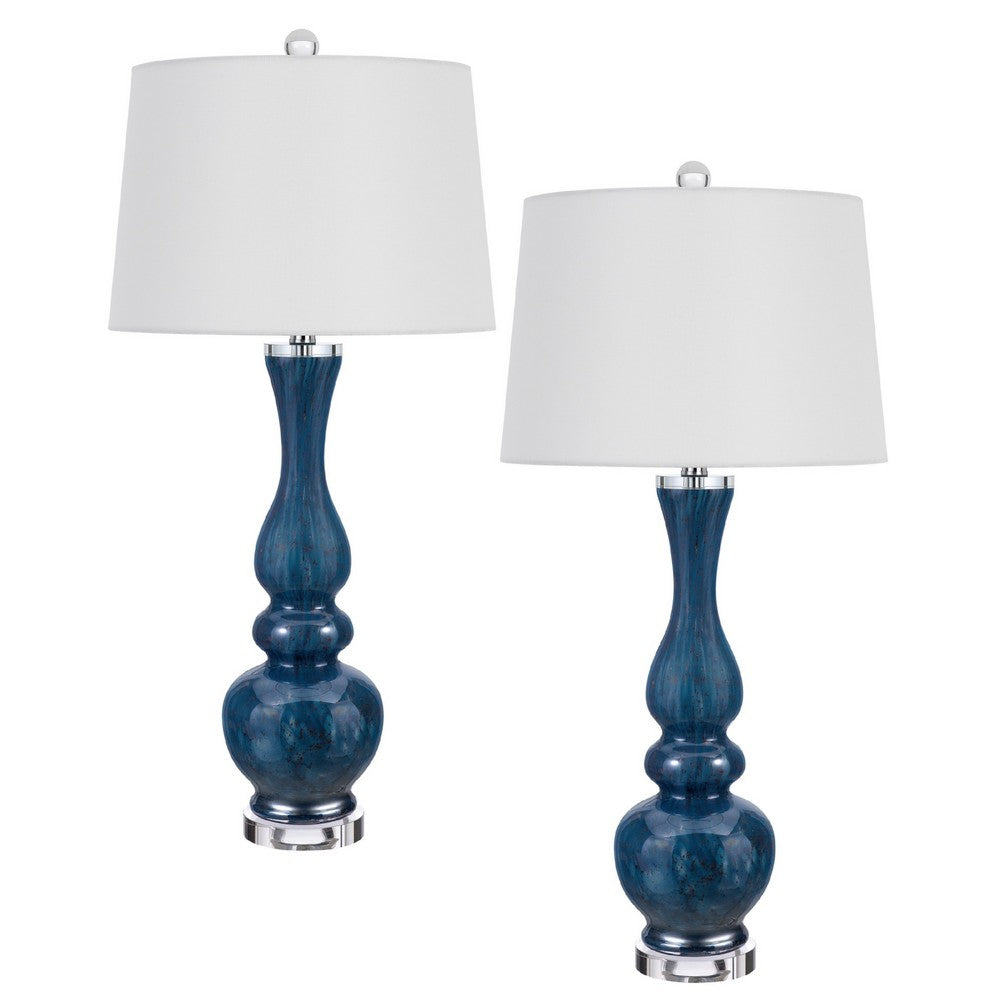 Table Lamp Set of 2 | Off-White Shade | Blue Candlestick Glass Body 32"