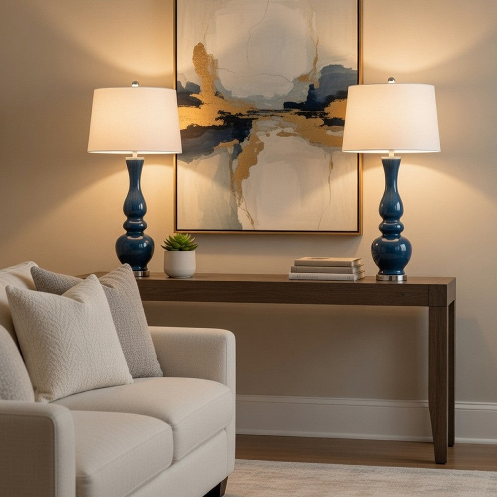 Table Lamp Set of 2 | Off-White Shade | Blue Candlestick Glass Body 32"