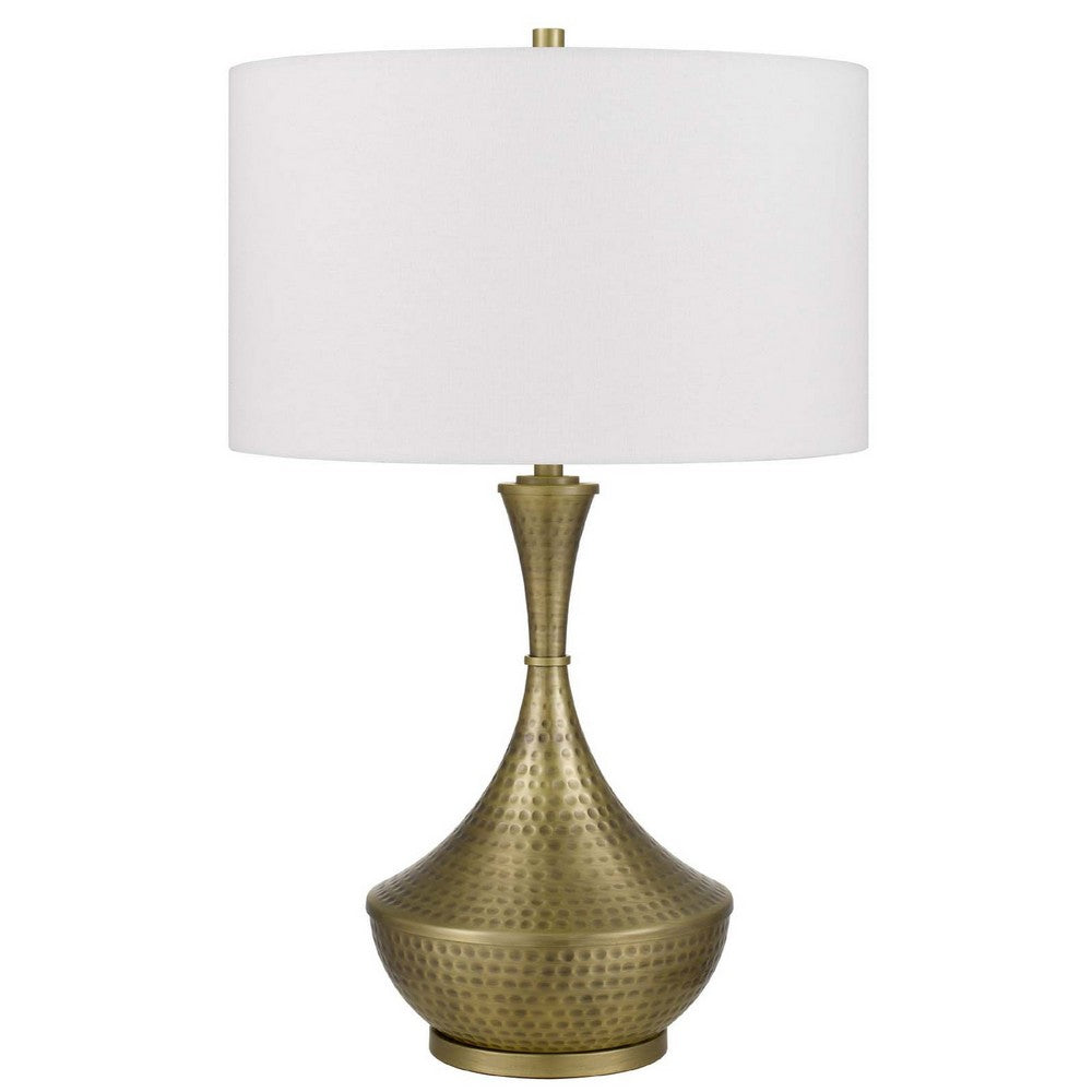 Table Lamp | White Linen Shade | Hammered Antique Brass Hourglass Shape