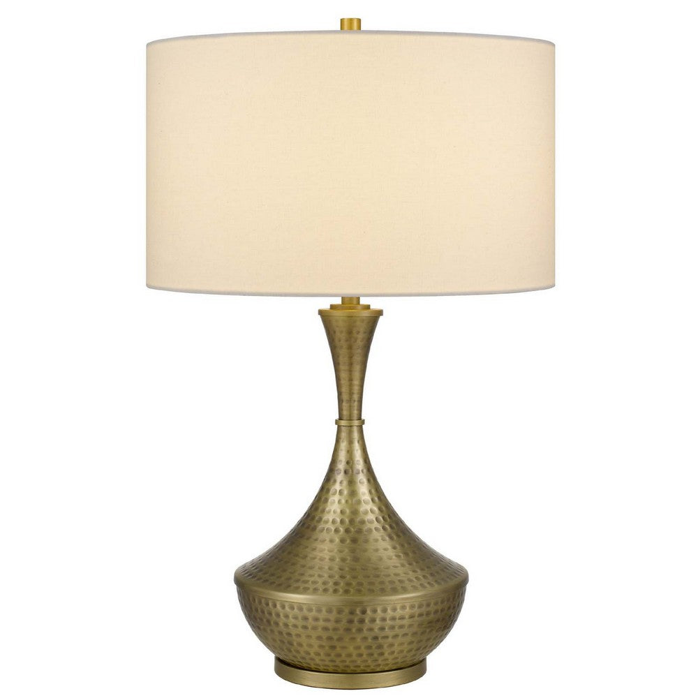 Table Lamp | White Linen Shade | Hammered Antique Brass Hourglass Shape