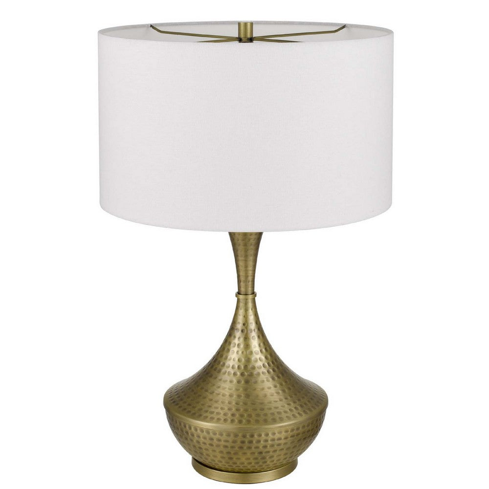 Table Lamp | White Linen Shade | Hammered Antique Brass Hourglass Shape
