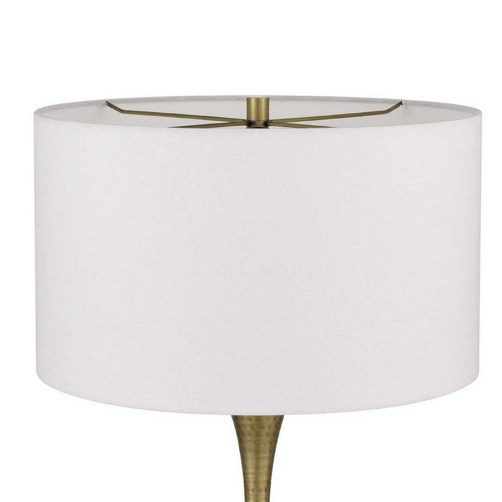 Table Lamp | White Linen Shade | Hammered Antique Brass Hourglass Shape