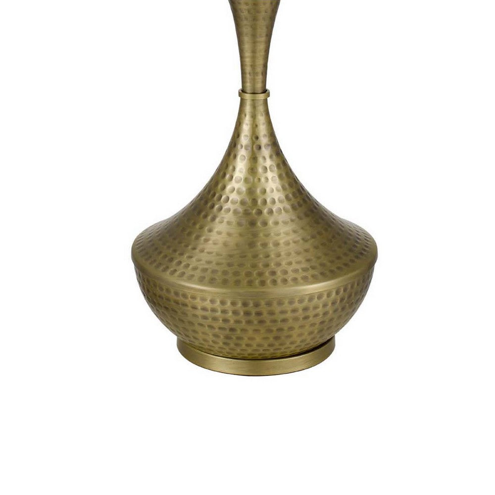 Table Lamp | White Linen Shade | Hammered Antique Brass Hourglass Shape