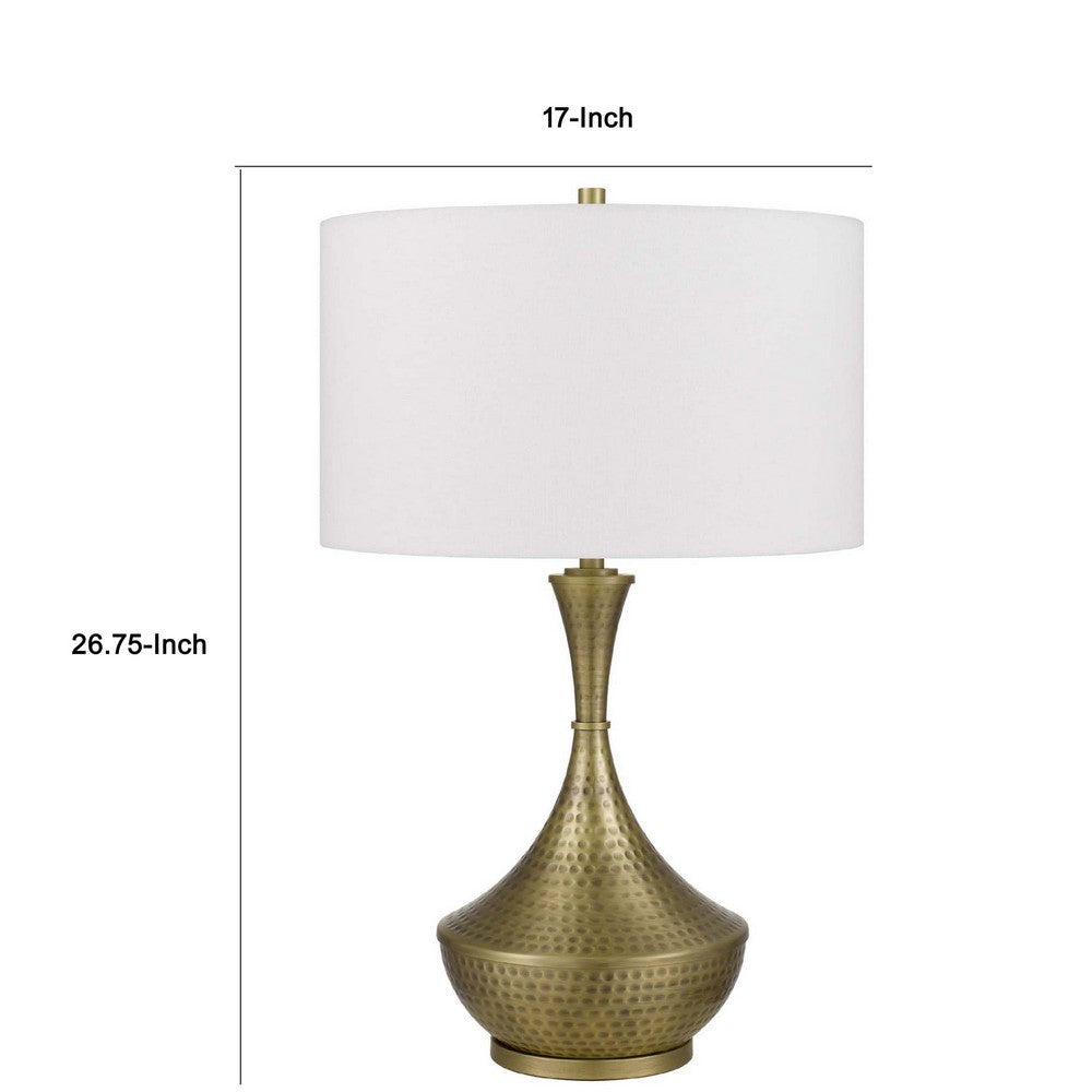 Table Lamp | White Linen Shade | Hammered Antique Brass Hourglass Shape