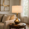 Table Lamp | White Linen Shade | Hammered Antique Brass Hourglass Shape